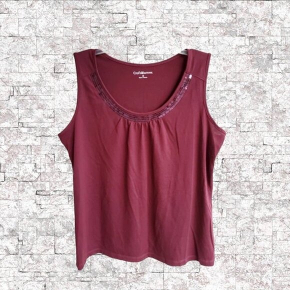Croft & Barrow Burgundy Red Maroon Sequin Pleated Neckline Sleeveless Tank Top M - Picture 1 of 8